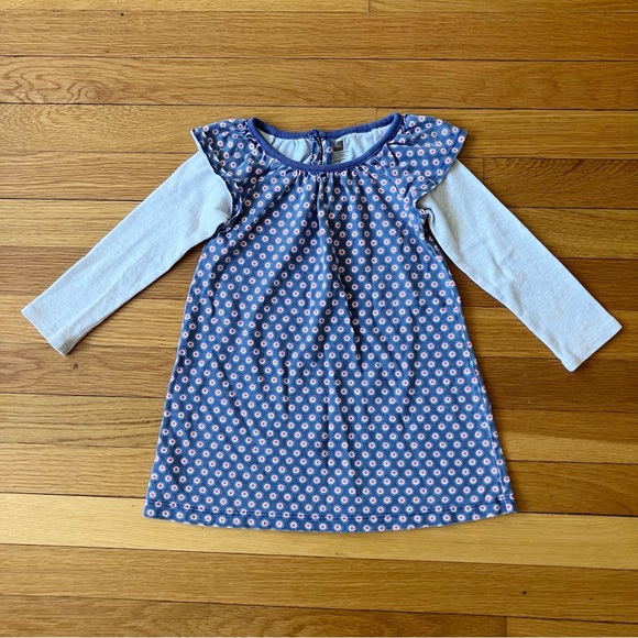 Tea Collection Blue Pattern Print Cotton Long Sleeve Dress 2 - Picture 1 of 6